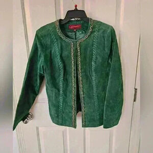 Hal Rubenstein Ladies Green 100% Genuine Leather Suede Jacket With Gold Chain L